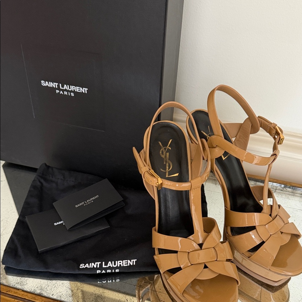 Saint Laurent nude patent leather tribute platform sandals